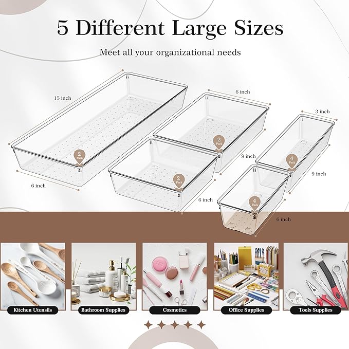 Criusia 14 PCS Clear Plastic Drawer Organizer Set - Image 2