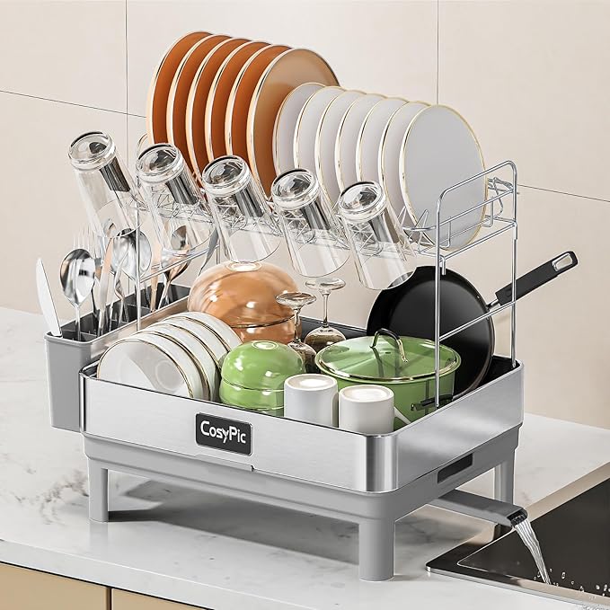 2 Tier Dish Drying Rack, Thicker Premium 304 Stainless Steel Dish Racks by CosyPic