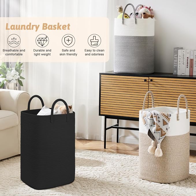 Laundry Basket, Woven Cotton Rope Laundry Hamper, 60L Versatile Storage - Image 4