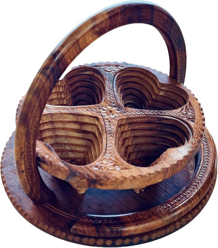 Handmade 12″ Collapsible Wooden Basket, 4-Compartment Heart Design in Himalayan Rosewood, Fruit Basket, Bread Bowl & Trivet, Folds Flat for Easy Storage – Unique Centerpiece & Gift