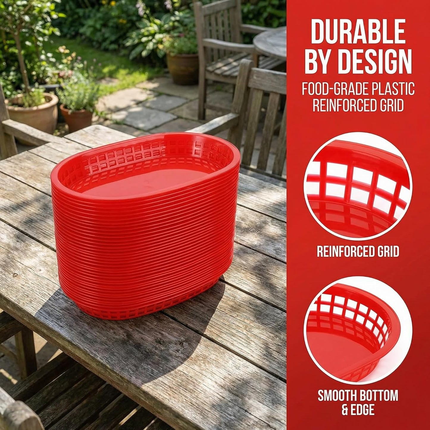 Cedilis 40 Pack Fast Food Baskets, 10.5 x 7 Inch Plastic Baskets, Food Service Tray for Hot Dogs, Burgers, Sandwiches, Fries, Barbecues, Picnics, Parties (red)