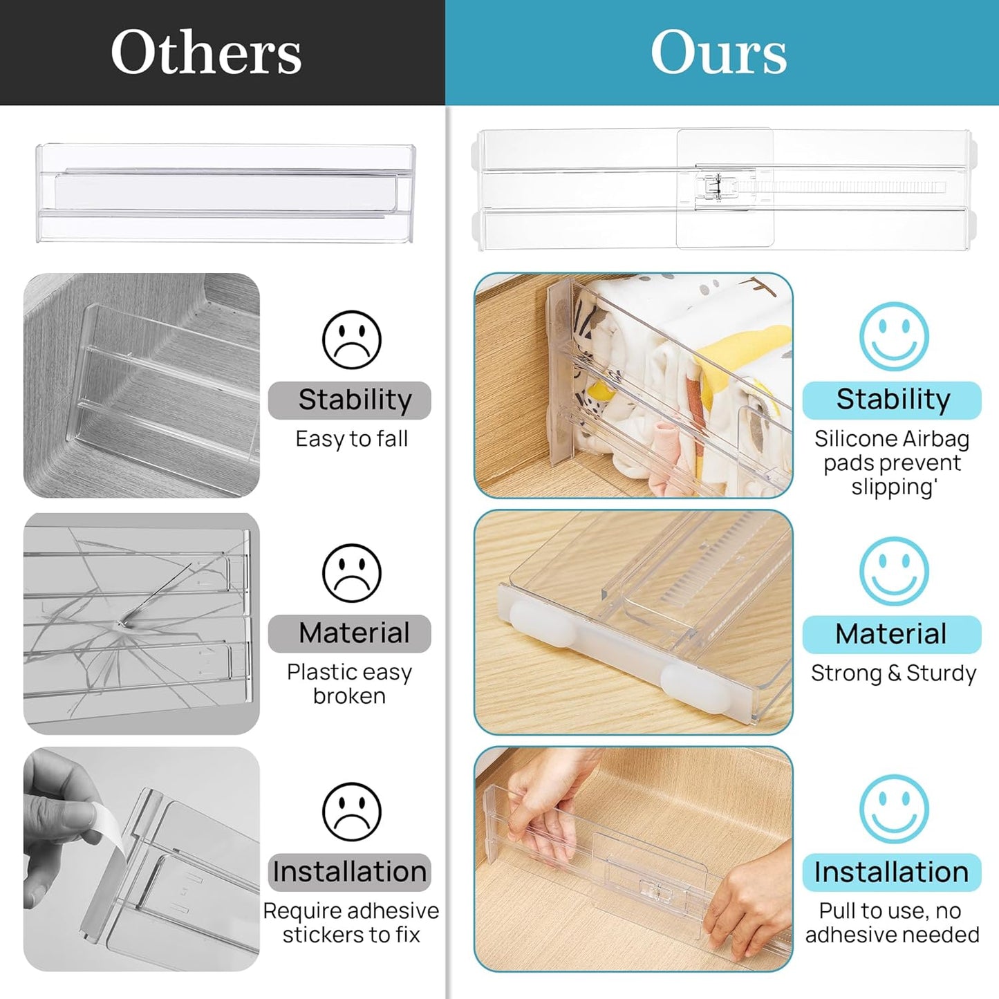 Vtopmart 4" High Drawer Dividers for Clothes, 13"-22" Adjustable, 12 pack | Expandable Dresser Drawer Organizer, Clear Plastic Separators for Dresser, Baby Clothing, Underwear, Cosmetic, Toiletries