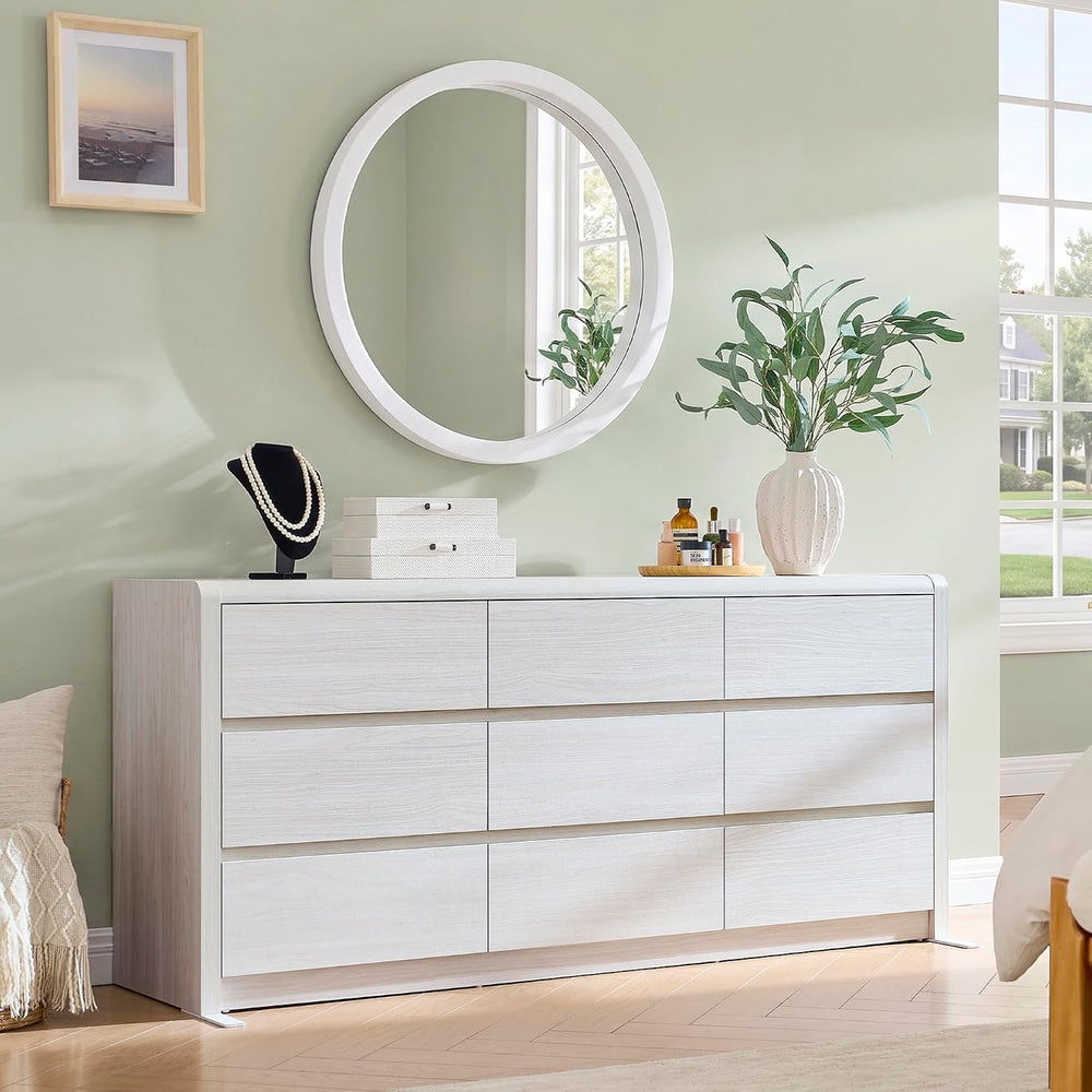 63” Wide Large Dresser with 9 Drawers, White Dresser for Bedroom, Mid Century...