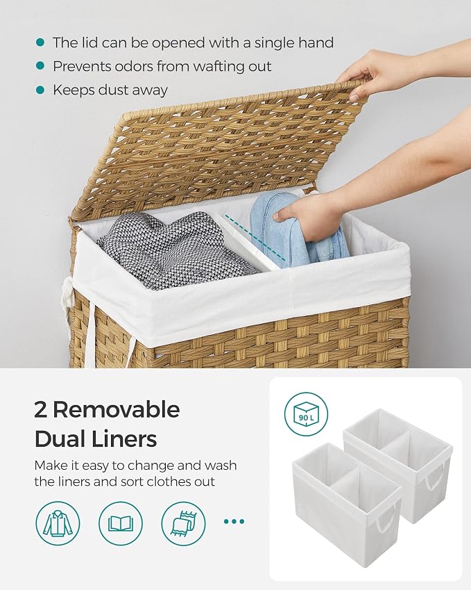 SONGMICS Laundry Hamper with Lid, 90L Clothes Hamper with 2 Removable Liner Bags - Image 3