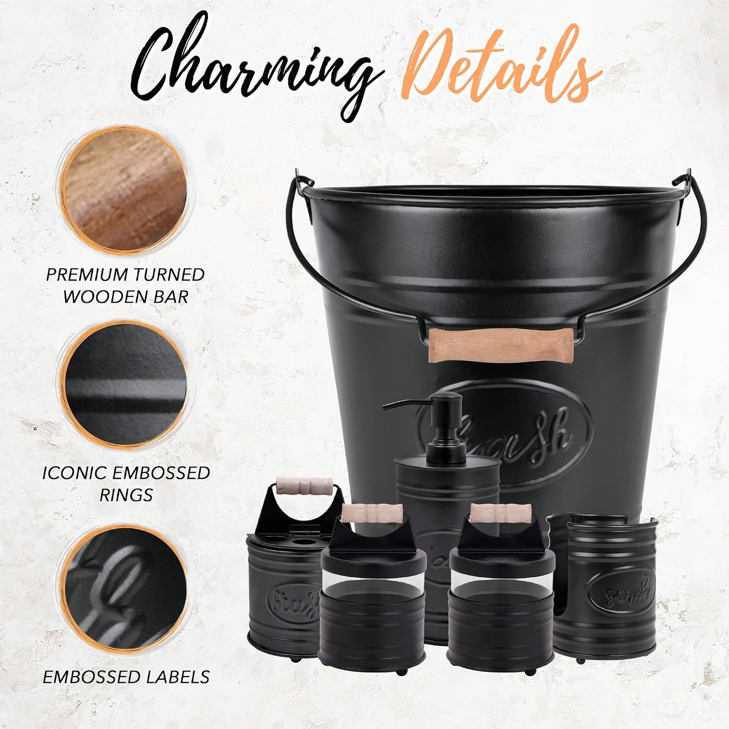 Autumn Alley Rustic Black Farmhouse Bathroom & Kitchen Accessories Set, 6-Piece Black Bathroom Set with Trash Can, Soap Dispenser, Toothbrush Holder, Decorative Sponge Holder & Apothecary Jars