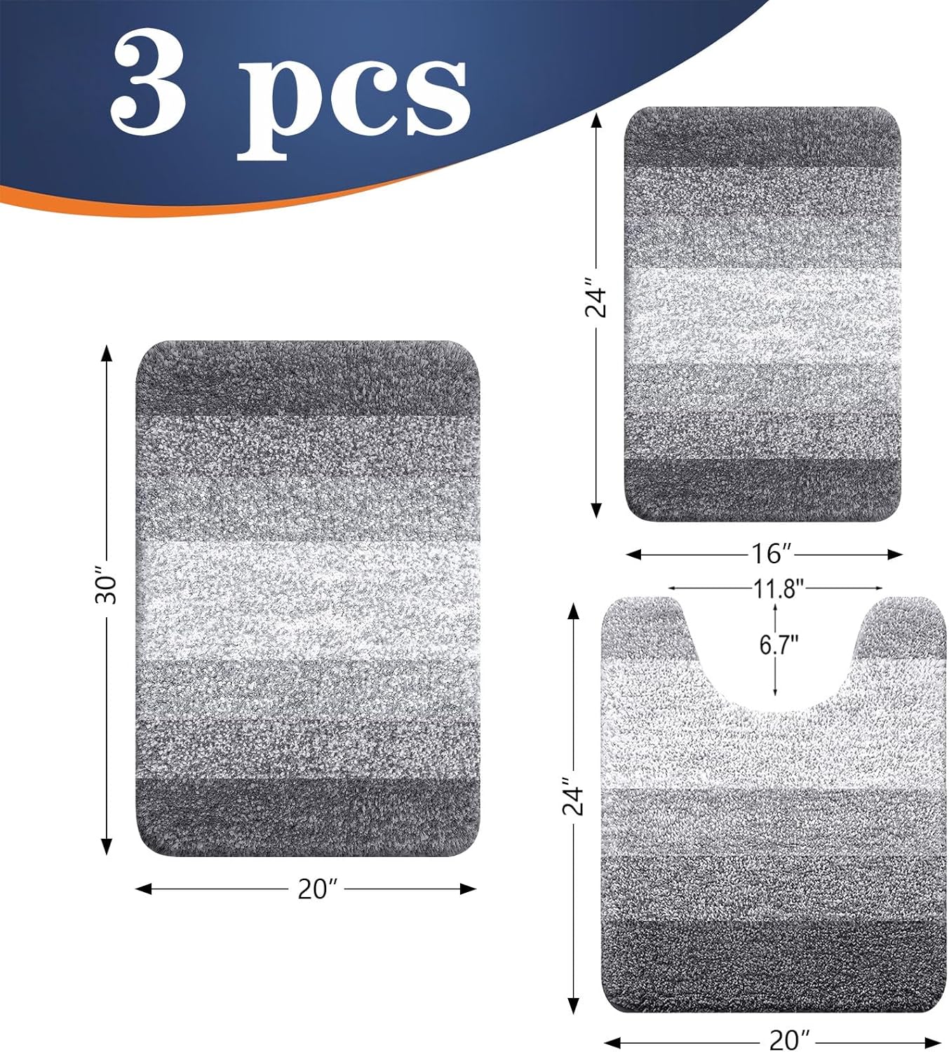 OLANLY Bathroom Rugs Sets 3 Piece, Soft Absorbent Microfiber Bath Mats and U-Shaped Contour Toilet Rug, Machine Wash Dry, Plush Shaggy Bath Mat Set for Bathroom (30"x20"+24"x16"+24"x20", Grey)