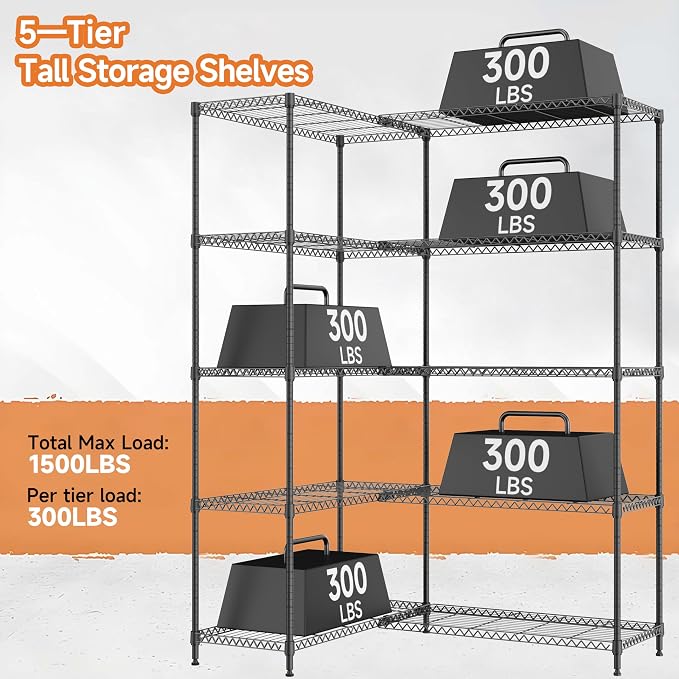 5 Tiers Storage Shelves Load 1500LBS, Metal Shelving Wire Metal Shelving Unit
