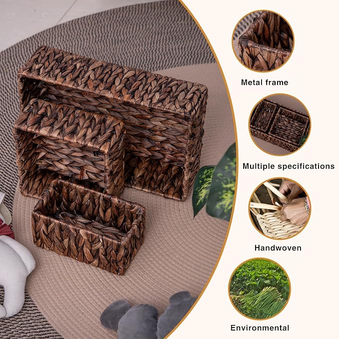 Handwoven Wicker Storage Baskets Set, Natural water hyacinth & Iron Frame | - Image 5