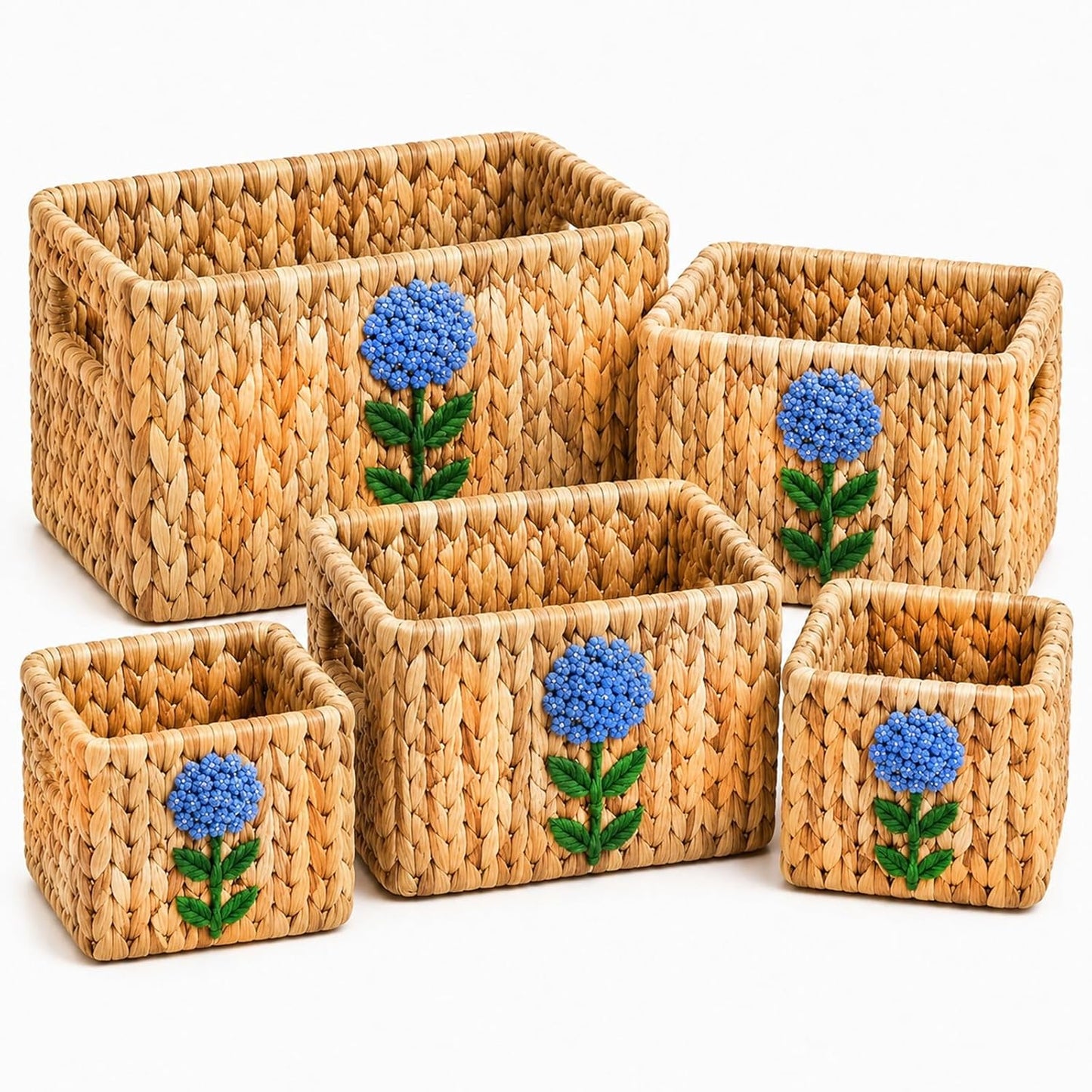 Water Hyacinth Woven Decorative Baskets - Pantry Organizers and Storage | Set of 5 Handwoven Organizer Bins with Hand-Embroidered Flower, Built-in Handles, Shelf Baskets for Nursery, Bathroom
