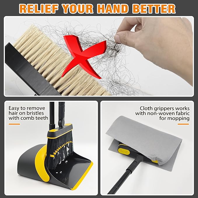JEHONN Broom and Dust Pan, 54.3 inches Long Handle Swivel Brush, Upright - Image 2