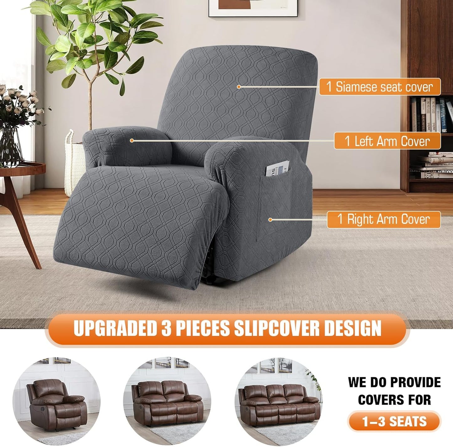 VANSOFY Recliner Chair Cover, 3-Pieces Stretch Recliner Covers for Recliner Chair Soft Reclining Chair Slipcover Furniture Protector for Dogs Cats(Dark Gray)