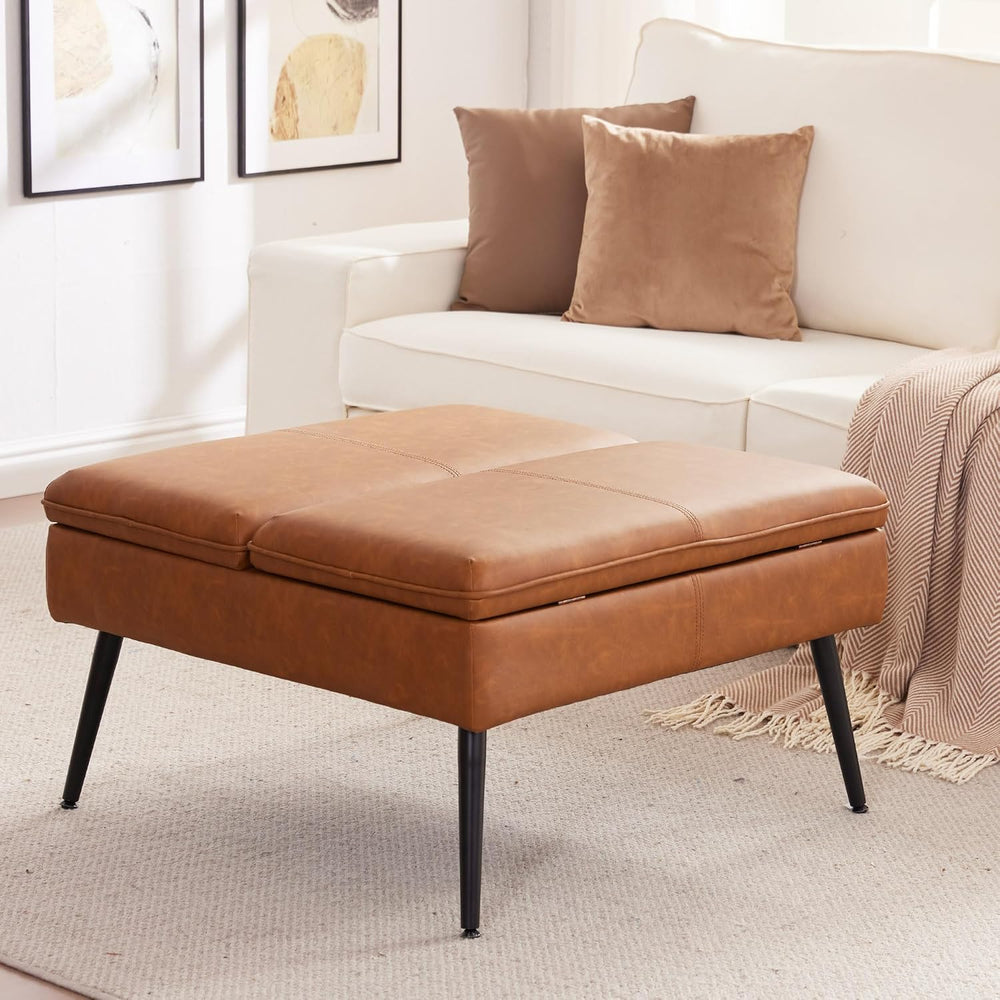 Square Ottoman with Storage Coffee Table Large Upholstered Cognac