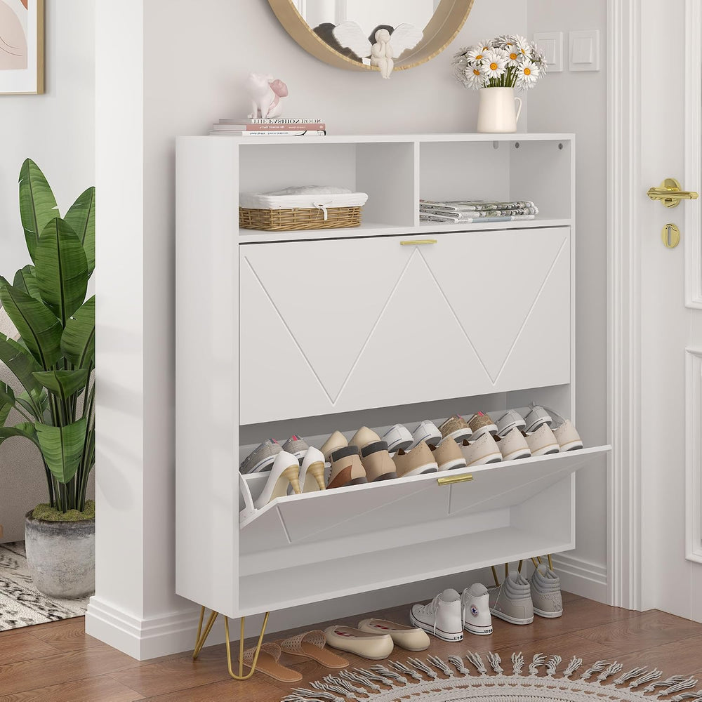 JOZZBY 46'' Tall Shoe Cabinet with 2 Flip Drawers and Open Shelves, W...