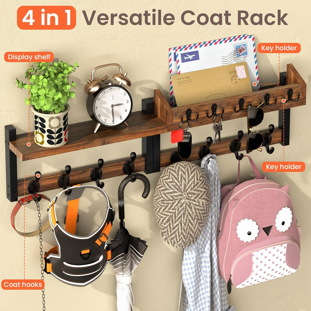 35'' Long Rustic Coat Rack Wall Mount with Shelf, Solid Wood Coat and...