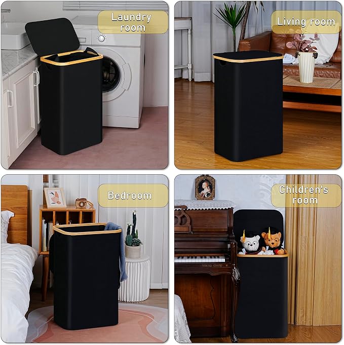 100L Laundry Hamper with Lid, Lagre Basket with Bamboo Handles, Foldable - Image 7