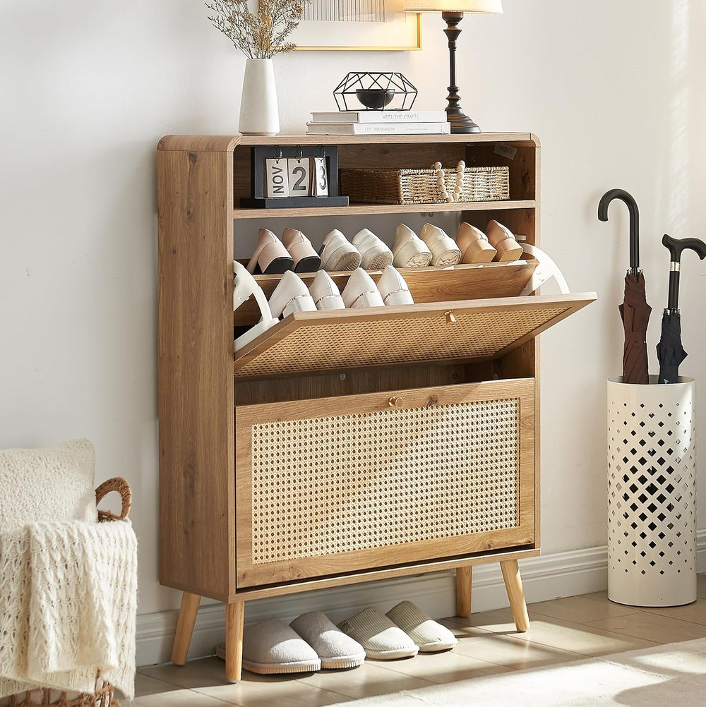 Hommoo Rattan Shoe Storage Cabinet with 2 Flip Doors, Wood Narrow Shoes Cabin...
