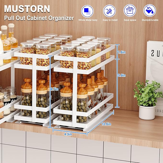 Pull Out Spice Rack Organizer for Cabinet, 2 Tier Metal Slide Out Seasoning - Image 2
