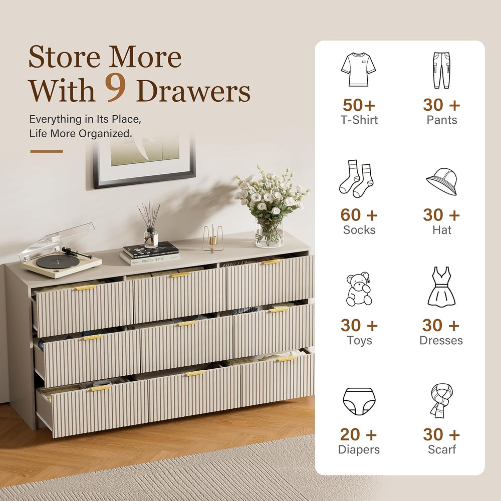 Furniway 9 Drawer Dresser for Bedroom, 63" Wide Dresser with Gold Handle...