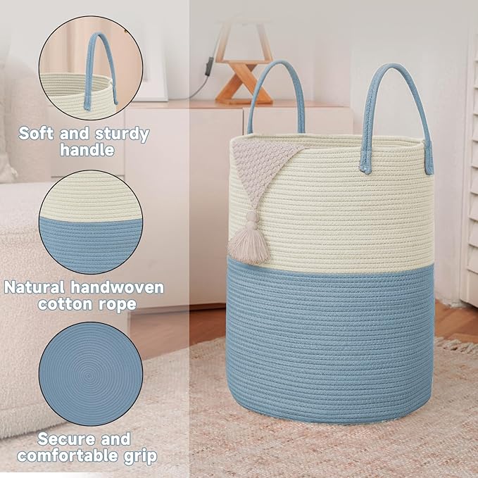 Large Woven Laundry Basket Hamper, 80L Cotton Rope Storage Bin - Image 6