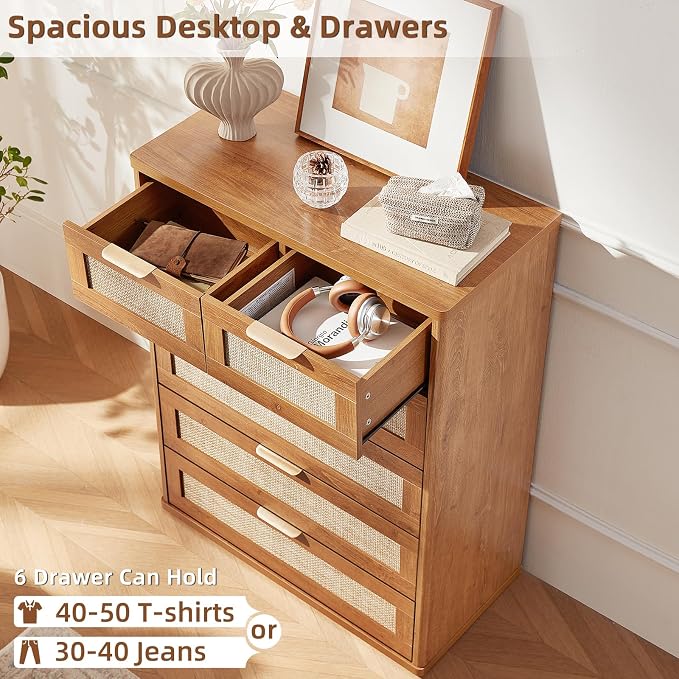 LEYAOYAO Rattan Dresser for Bedroom, Modern 6 Drawers Boho Dressers - Image 5