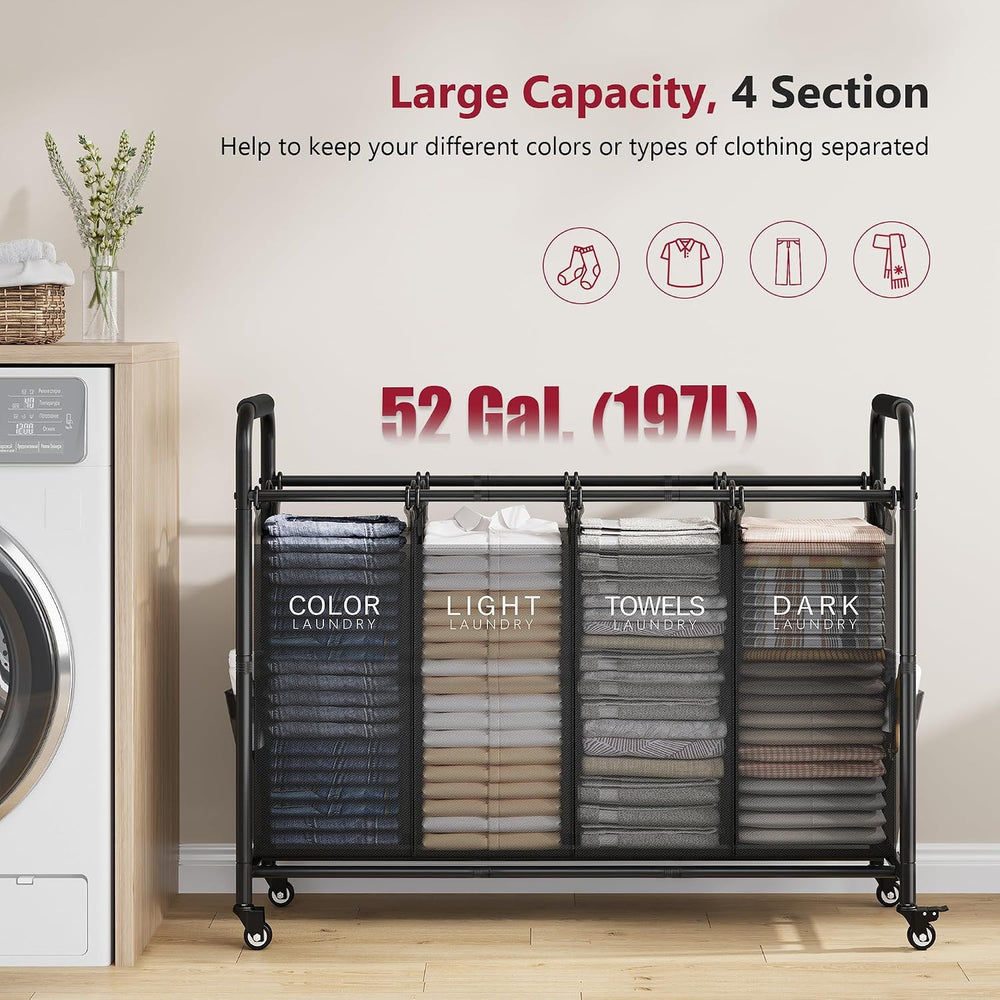 Tajsoon 4 Bag Laundry Sorter Cart, Laundry Sorter 4 Sections, Black