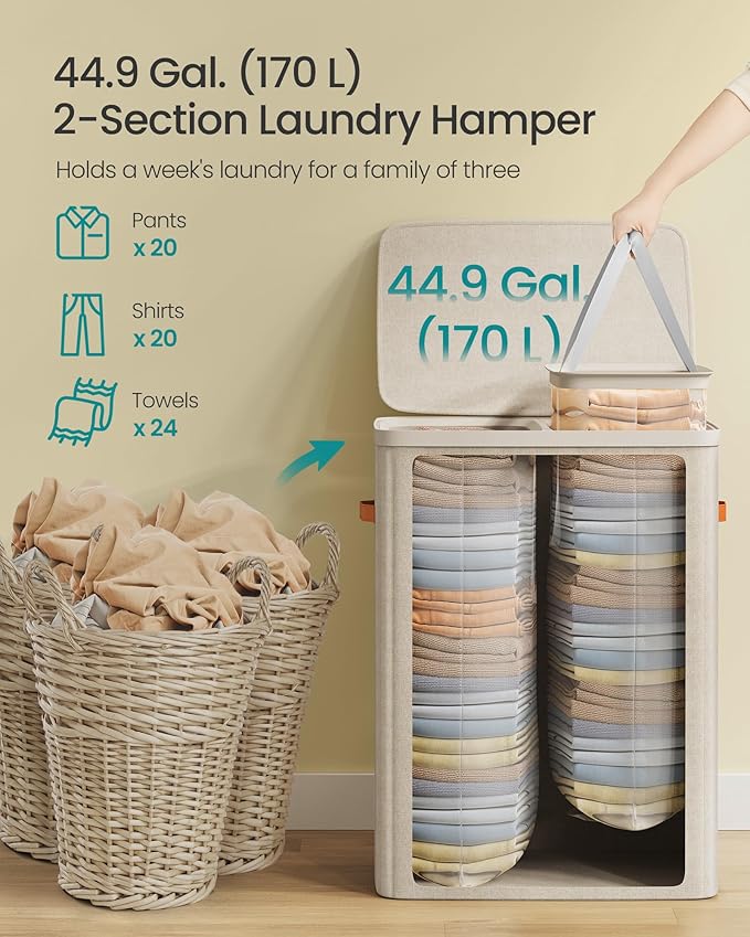 SONGMICS Laundry Basket, 44.9 Gal. Laundry Hamper, 2 Compartments, Easy Assembly - Image 4