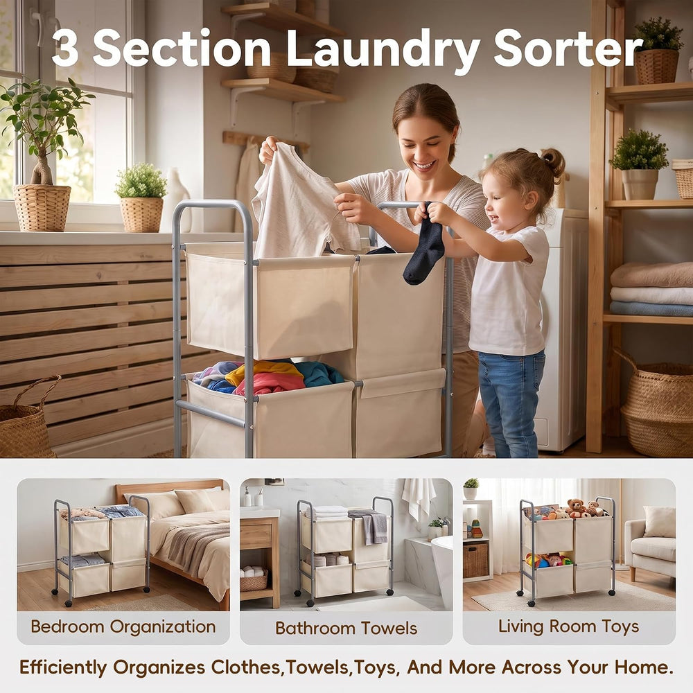 130L Laundry Hamper with Wheels, 3 Section Laundry Sorter Cart with Removable...