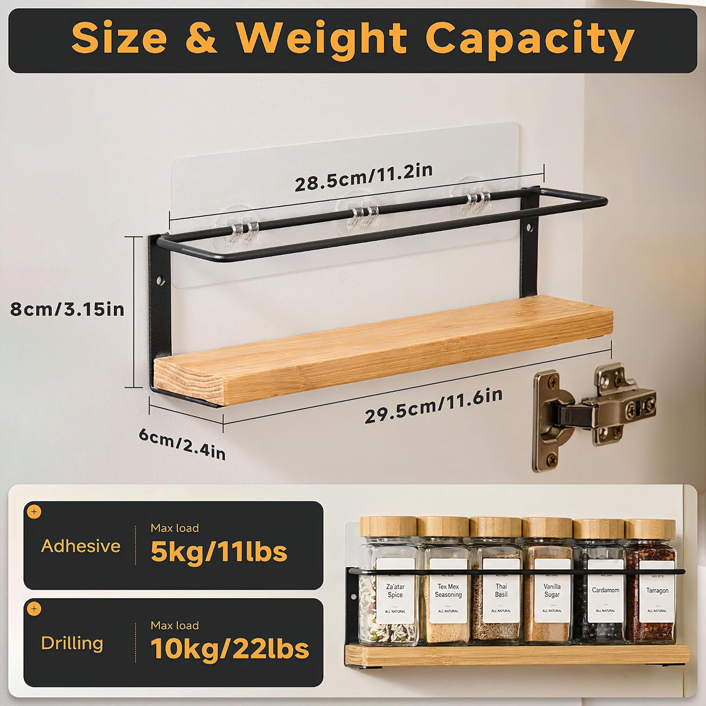 4-Tier Wall Mount Spice Rack Organizer with 24 Glass Jars, 216 Labels & Funnel - Screw/Adhesive Mount, Black Metal & Bamboo Spice Storage for Kitchen Pantry Cabinet, 11.6”W x 2.4”D x 3.2”H