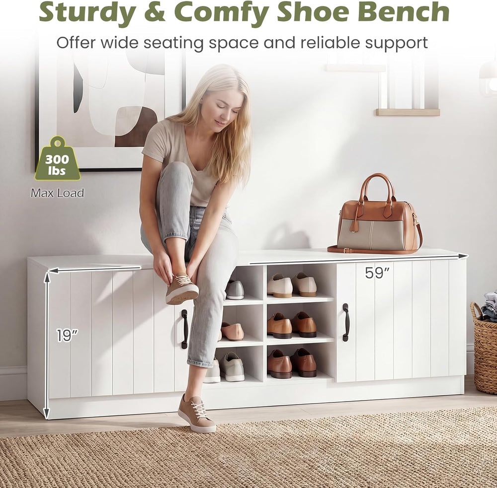Giantex 2-Door Shoe Storage Bench, Wooden Entryway Bench with Storage, Adjust...