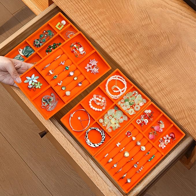 Jewelry Organizer Tray Stackable Velvet Jewelry Trays Drawer Inserts Earring - Image 4
