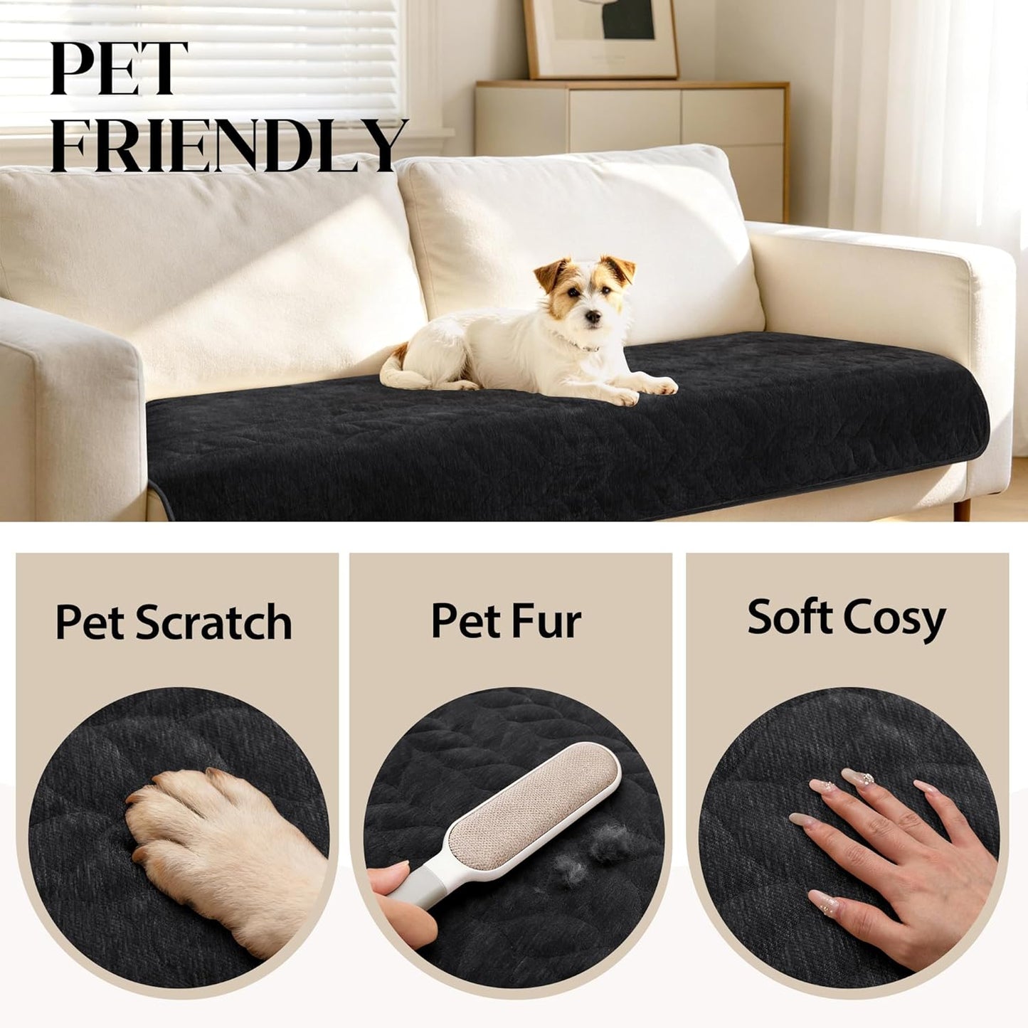 JIUZHEN Couch Cover for Dogs Chenille Quilted Couch Covers for Pets Washable Sofa Protector for 3 Cushion Cover Non Slip Sofa Slipcover with Straps(34" x 74", Black)