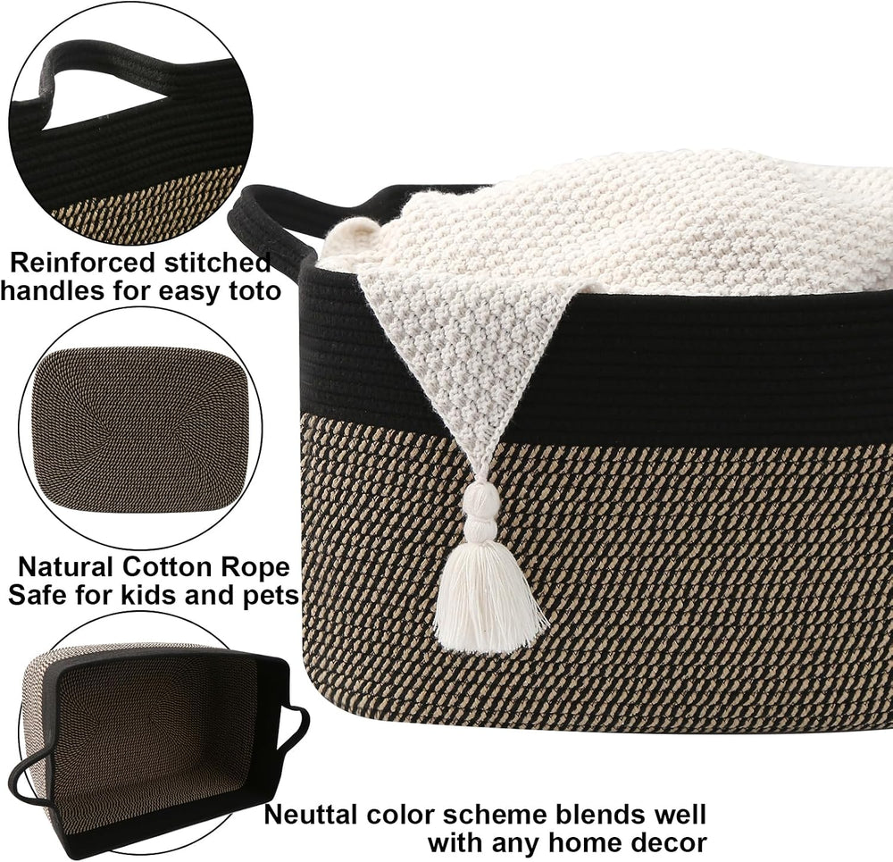 96L Laundry Basket with Handles, Extra Blanket Basket, Black/Jute
