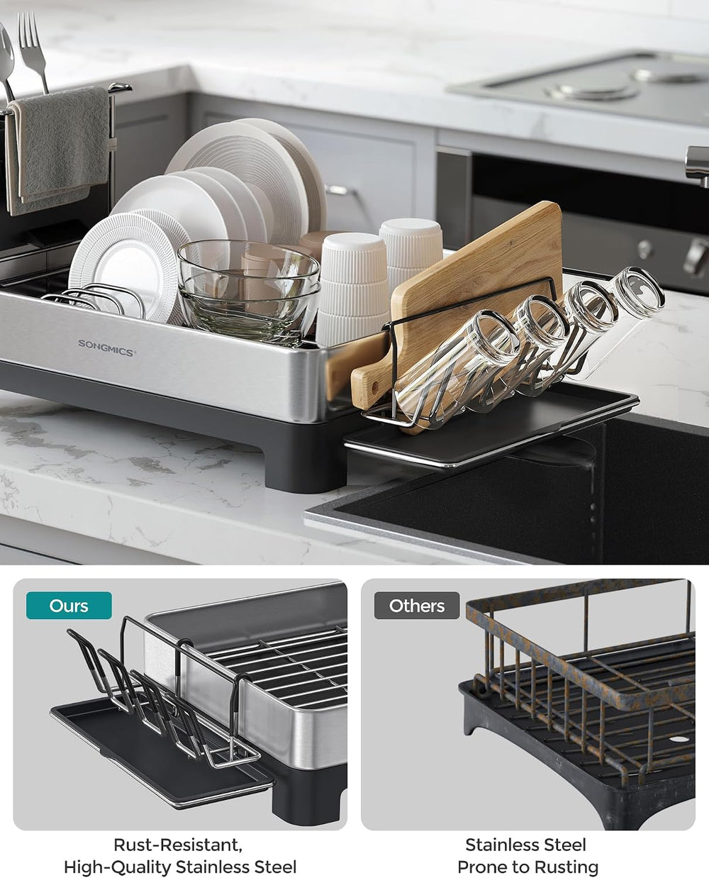 SONGMICS Dish Drying Rack, Stainless Steel, Extendable Spout