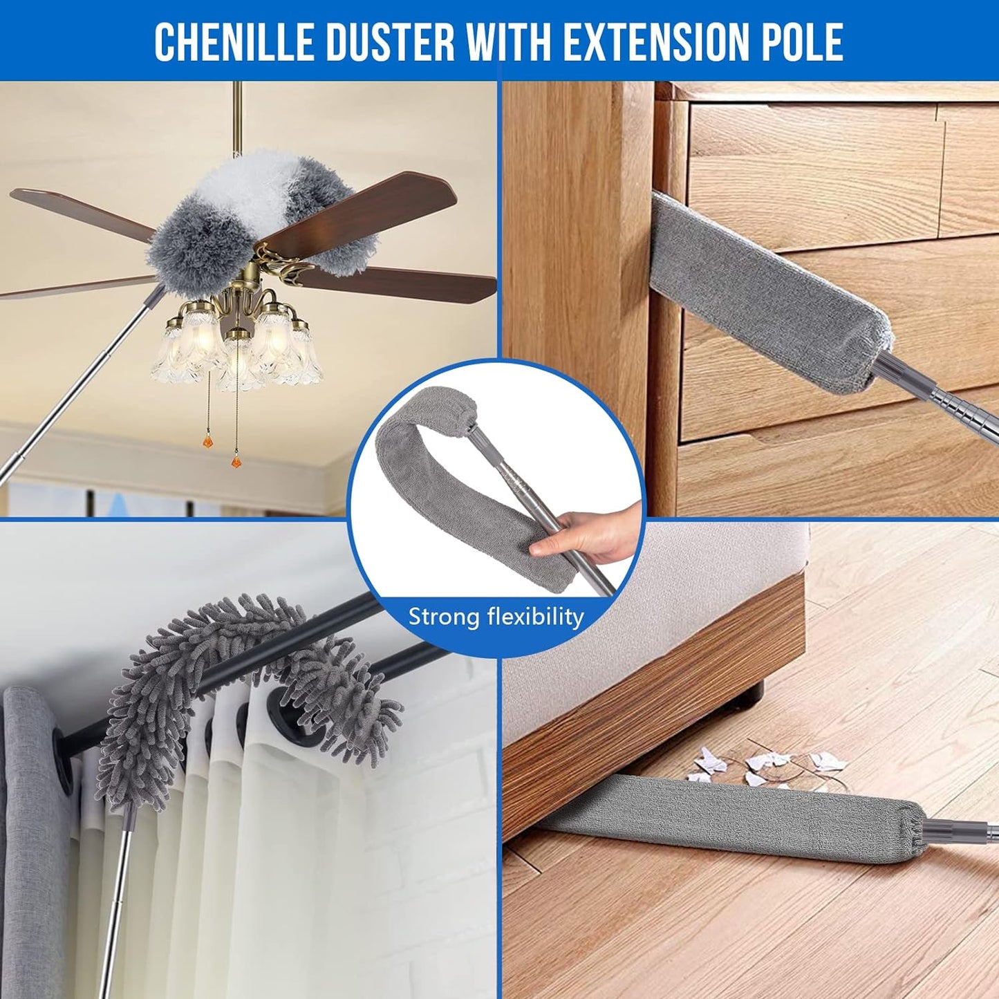 UIMO Microfiber Feather Duster Kit with Extension Pole (30–100") – Bendable Washable Heads, Extendable Dusters for Cleaning Ceiling Fan, High Ceiling, Blinds, Furniture & Cars (5 Pcs)