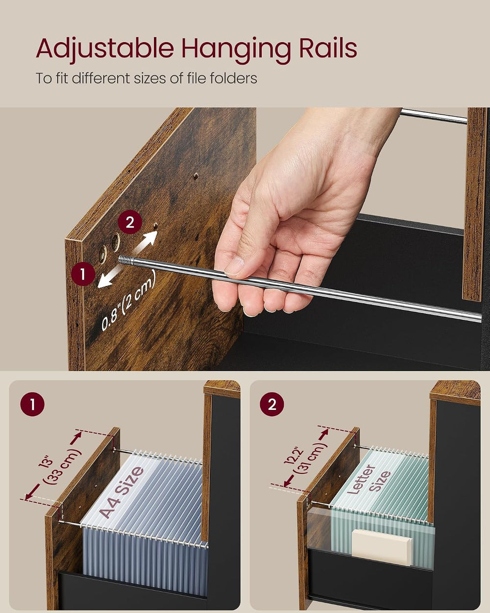 VASAGLE 2-Drawer File Cabinet, Small Rolling Filing Cabinet