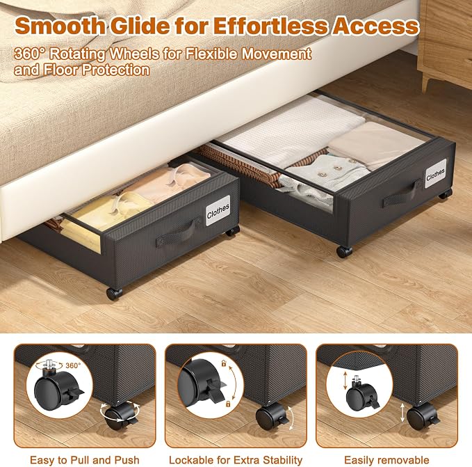 Under Bed Storage with Wheels, XXL 60L Under Bed Storage Containers with Clear - Image 3