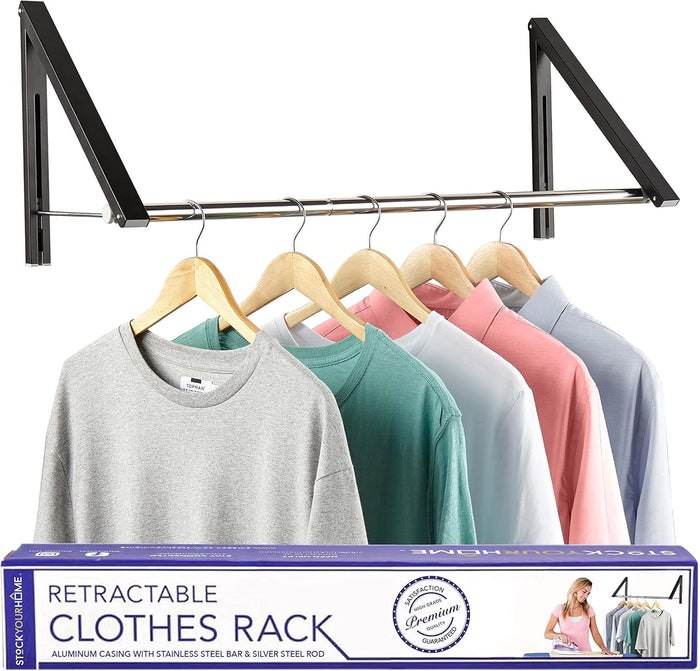 Double Foldable Clothing Rack w/ Extension Rod, Wall-Mounted Retractable Clothes Hanger for Laundry Dryer Room, Hanging Drying Rod, Small Collapsible Folding Garment Racks, Dorm Accessories (Black)