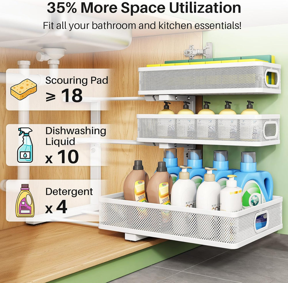 Kitstorack Under Sink Organizer, 1-Pack 3-Tier Height Adjustable Thickened Me...