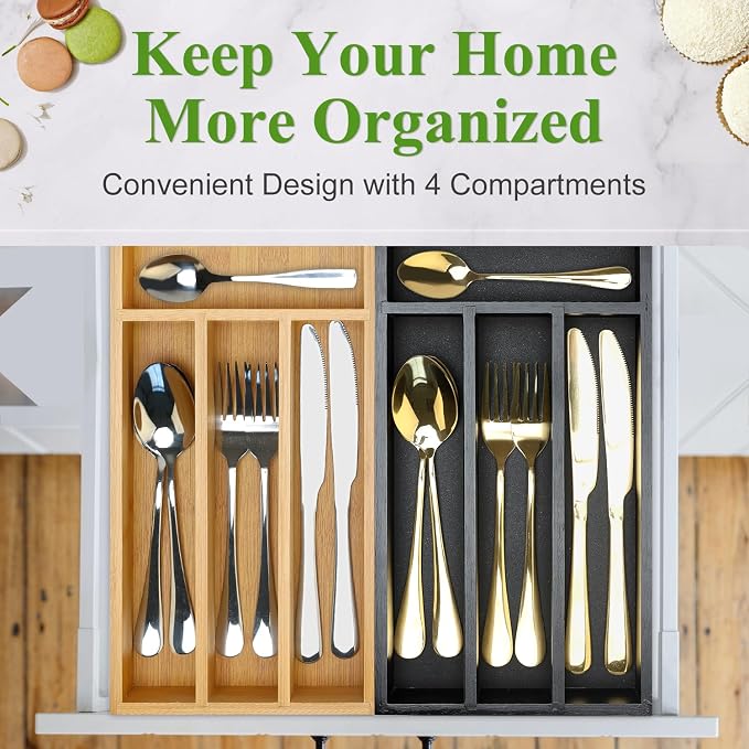 Small Wooden Silverware Organizer Tray Narrow Kitchen Drawer Dividers Utensil - Image 6