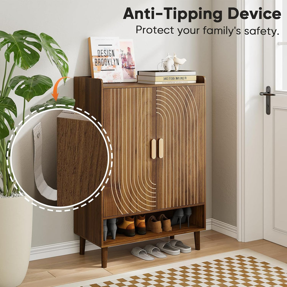 Smuxee Walnut Shoe Cabinet with Line Groove Design, 6-Tier Shoe Storage Cabin...