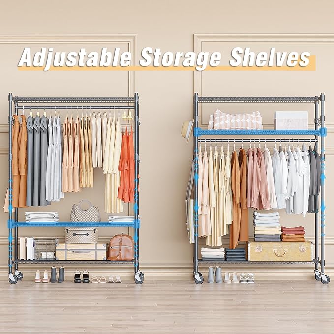 Homdox Heavy Duty Rolling Clothing Rack, Adjustable Garment Rack