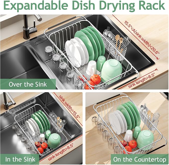 Small Dish Drying Rack in Sink, Extendable Stainless Steel Dish Drainers - Image 2