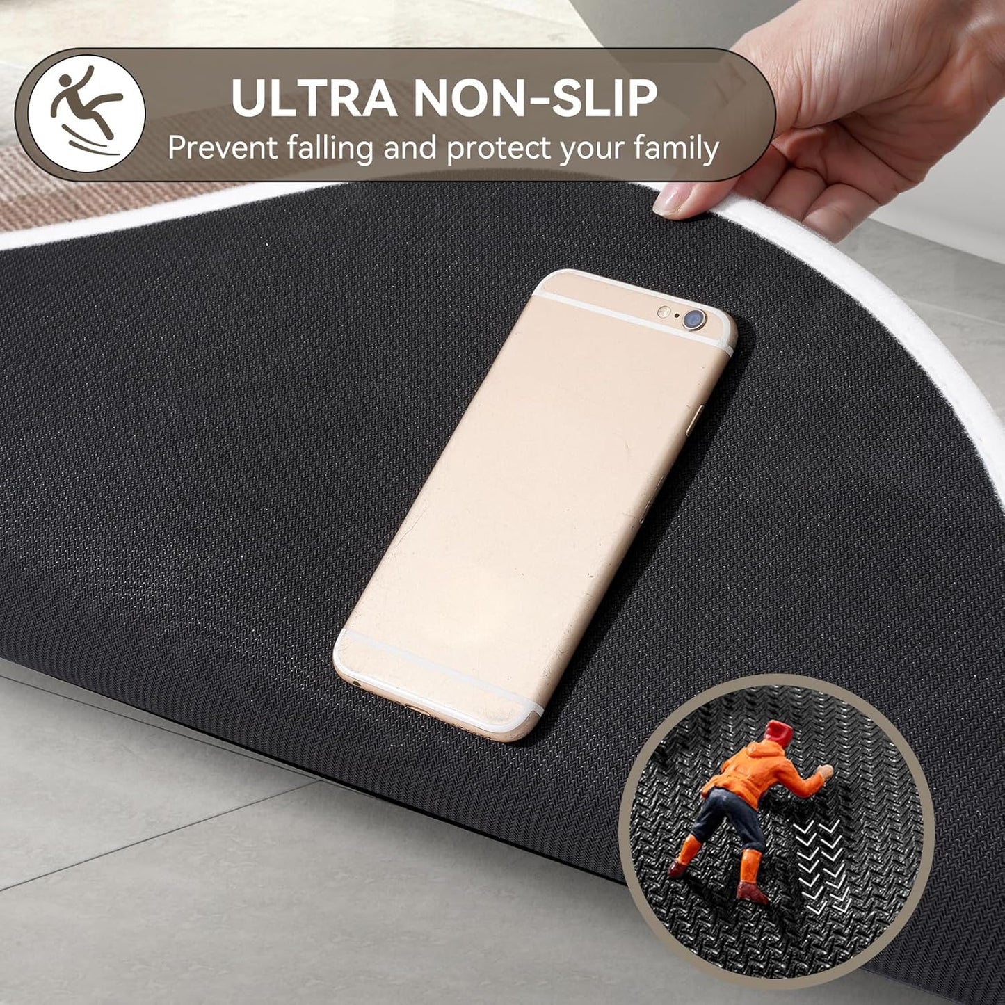 YDKGL Half Circle Bath Mat, Non Slip Bath Mat, Thin Bathroom Rugs Fit Under Door Quick Dry Absorbent Washable Bathroom Mat with Rubber Backing, Brown Beige 16x24