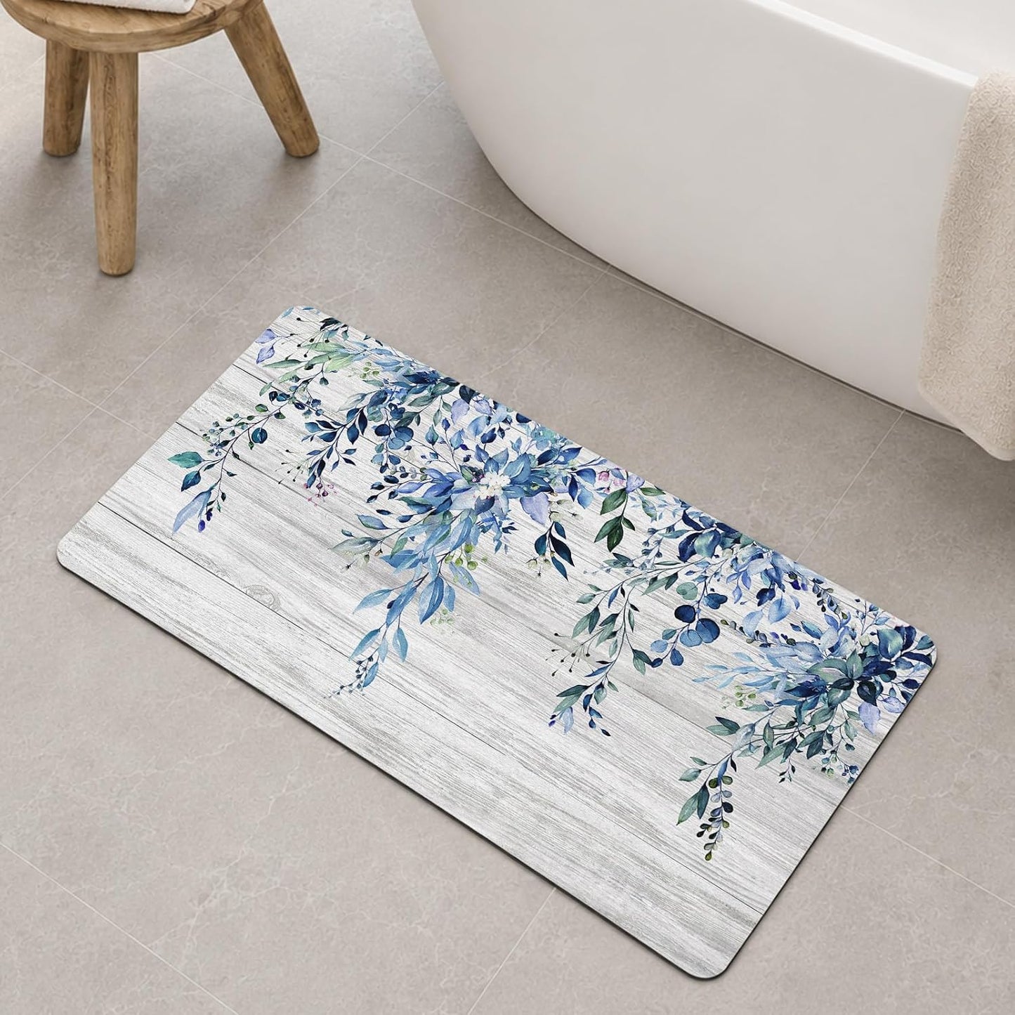Blue Eucalyptus Long Bathroom Rugs Non Slip Super Absorbent Quick Dry Ultra Thin Diatomaceous Earth Bath Mat Watercolor Plant Leaves with Floral Diatomite Bath Mats for Bathroom 39''x16''