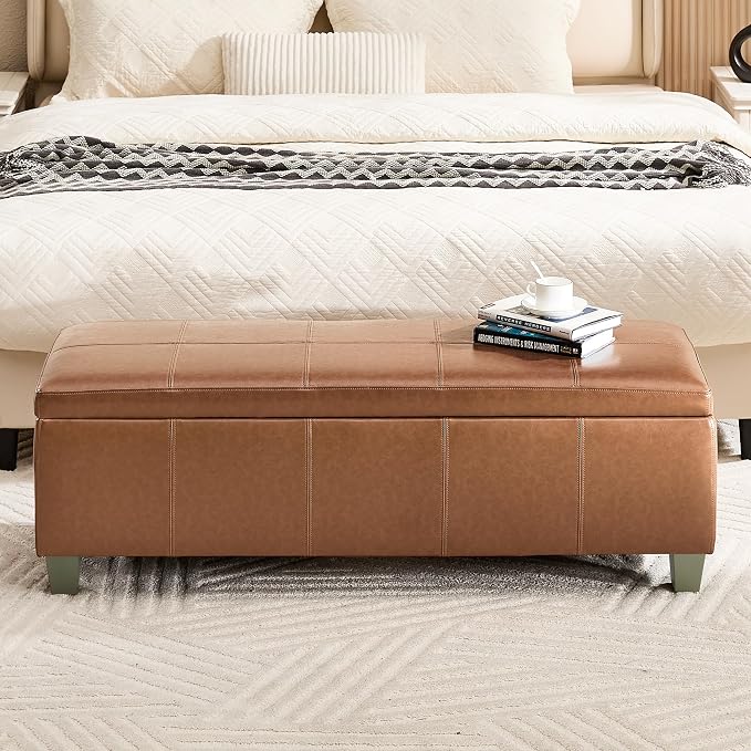 41" Faux Leather Storage Ottoman, Stitch Tufted Rectangle Upholstered End of - Image 7