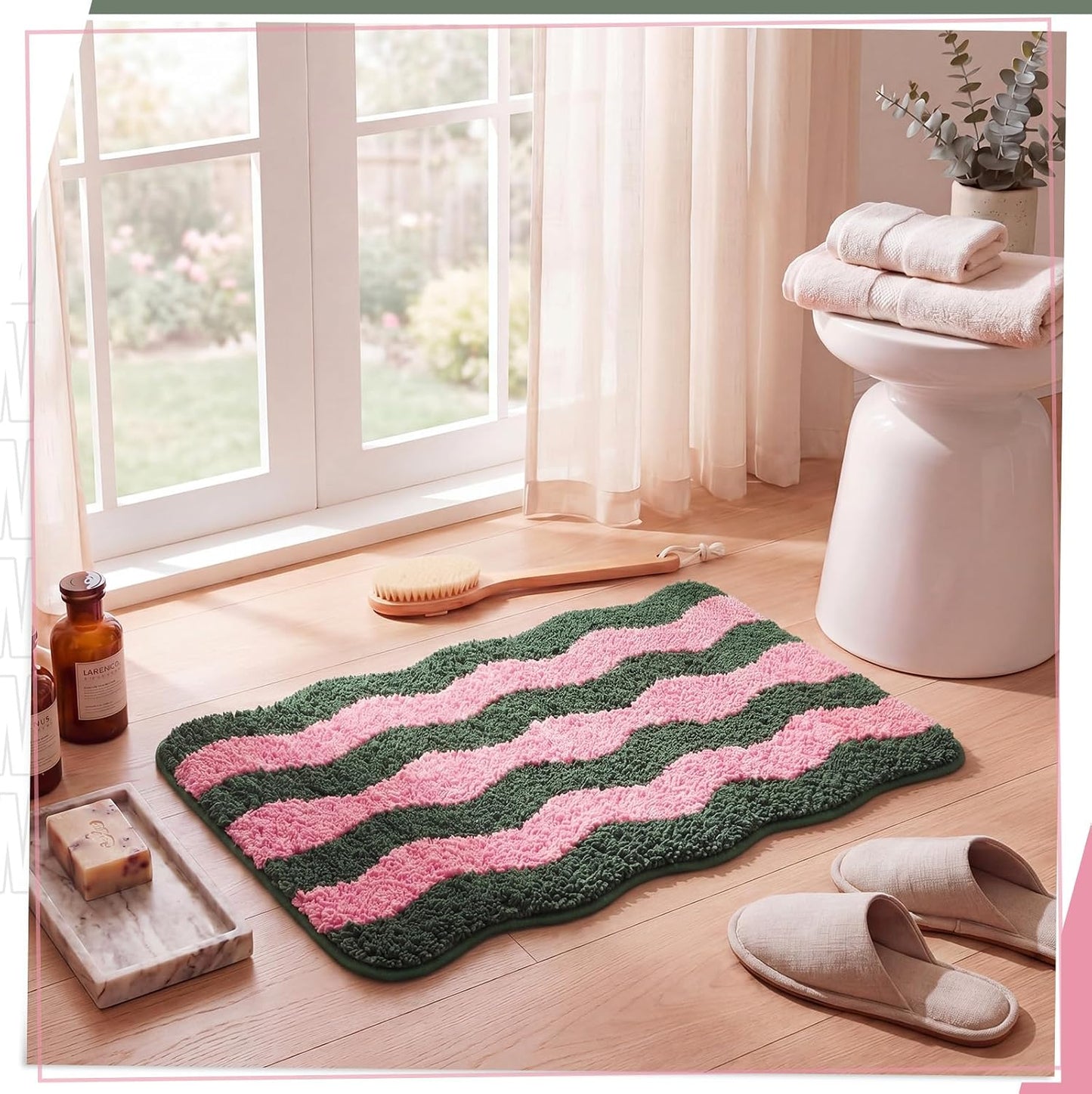Nuanchu Cute Scalloped Bathroom Rug, Plush Tufted Absorbent Soft Wave Striped Bath Mat 24"x16", Non-Slip Washable Floor Carpet for Bathroom Bedroom Kitchen(Pink & Sage Green)