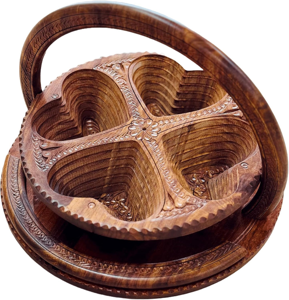 Handmade 14″ Collapsible Wooden Basket, 4-Compartment Heart Design in Himalay...