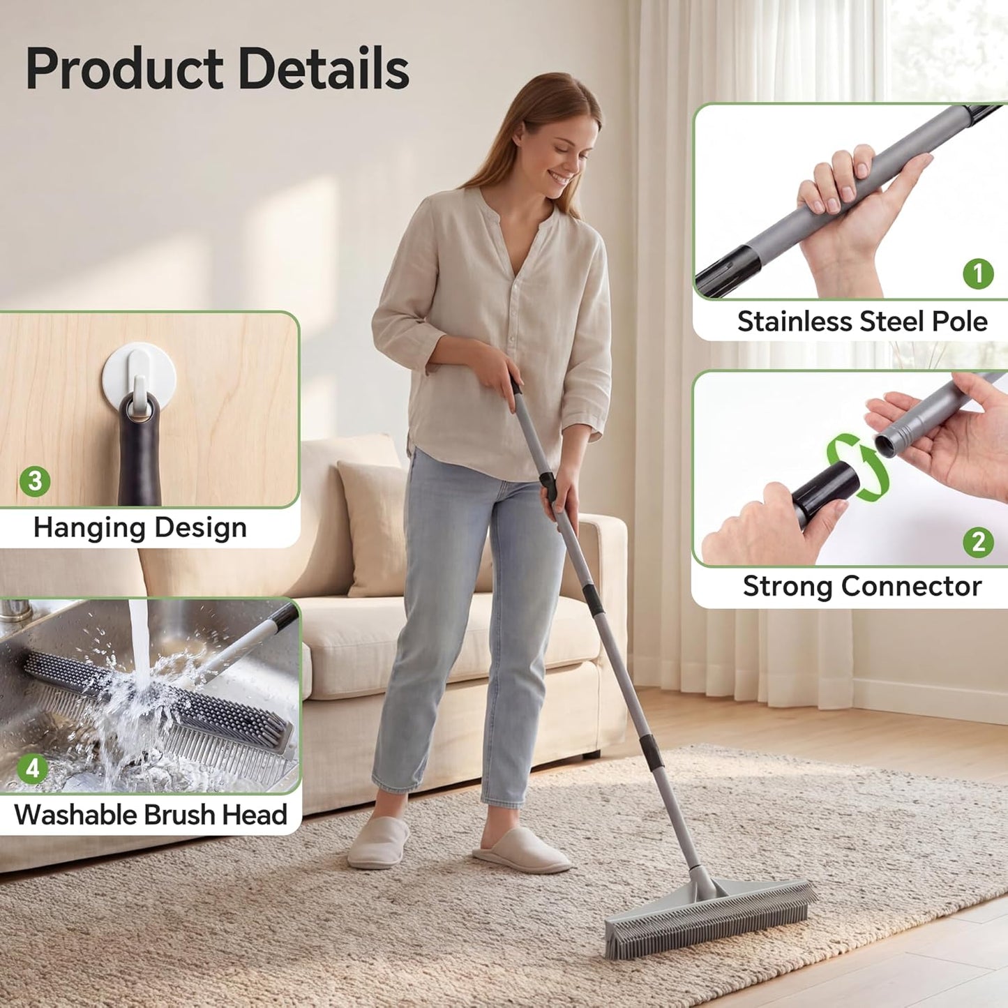 Walensee Carpet Rake for Pet Hair Removal, 2 in 1 Rug Rake to Fluff Carpet with Nylon Groomer Brush, Adjustable Long Handle for Shag Rugs, Stairs, Mats and Floors, Rubber Broom