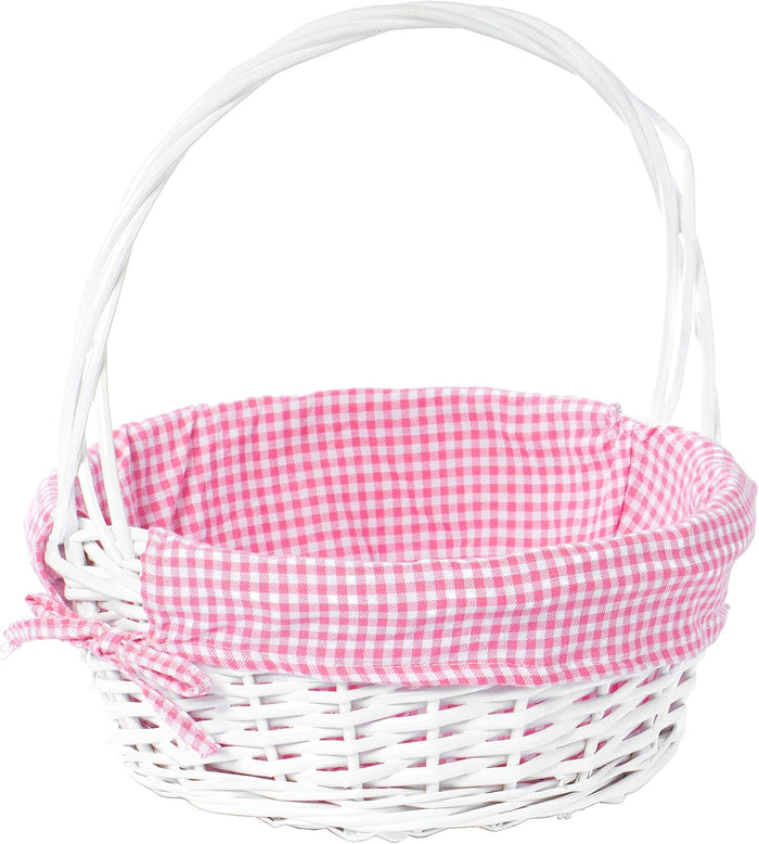 White Round Willow Gift Basket with Pink Gingham Liner & Handle, Mediun – Empty Christmas Basket for Gifts, Holiday Wicker Basket, Basket to Fill