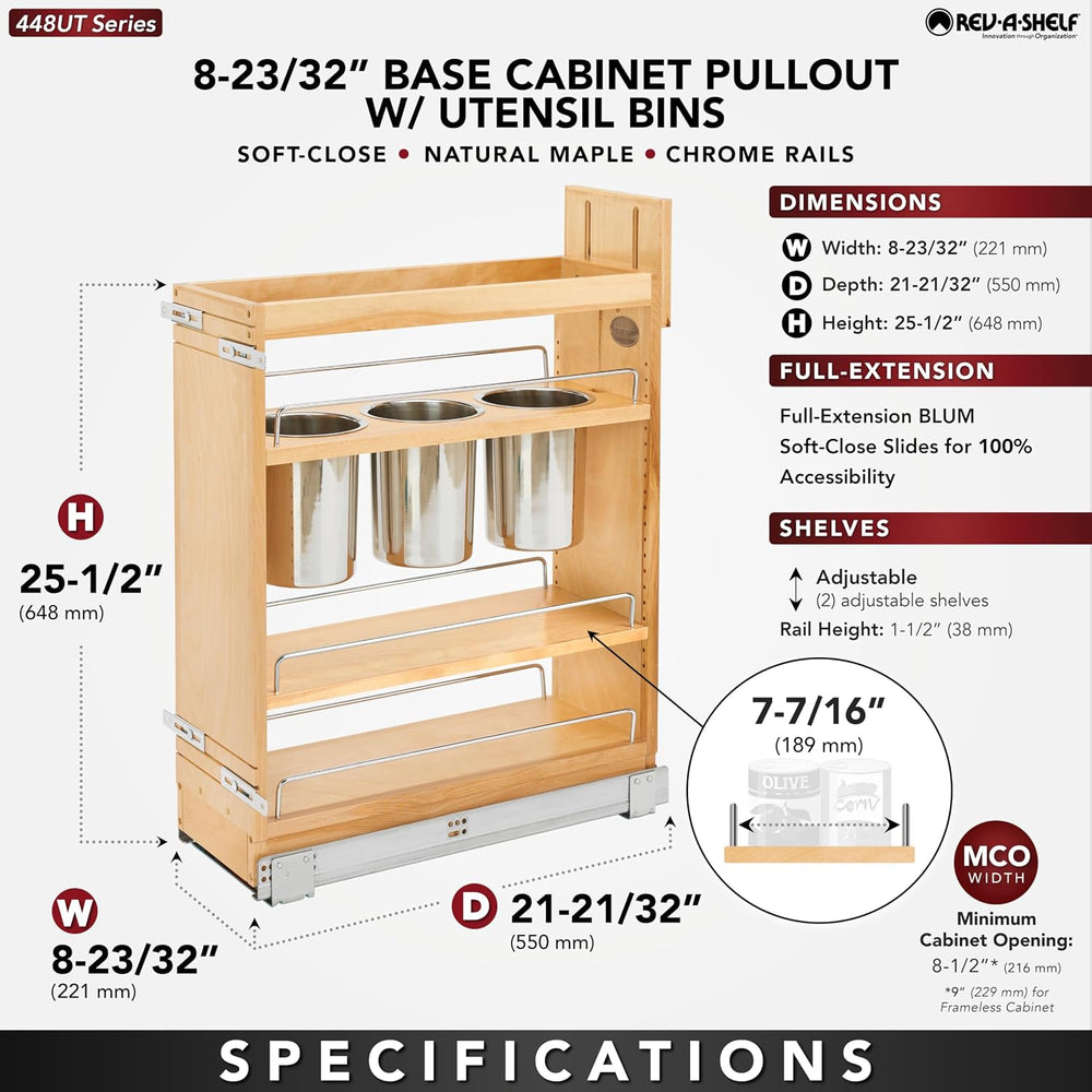 Rev-A-Shelf Pullout Organizer w/Soft-Close, Min Cabinet Opening 8.5" W